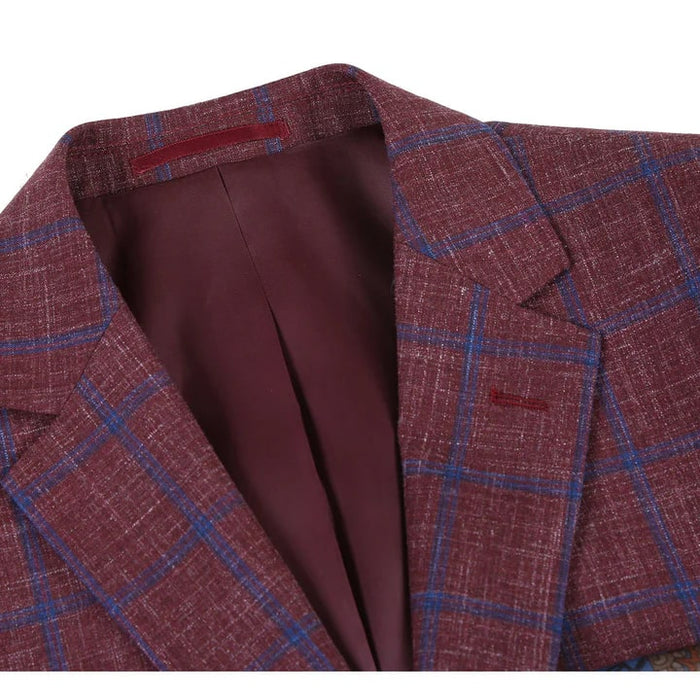 Saco vaquero - Western Sport Coat - Western Blazer- Mens Slim Fit Two Button Wool Sport Coat Blazer In Burgundy & Blue Windowpane Plaid