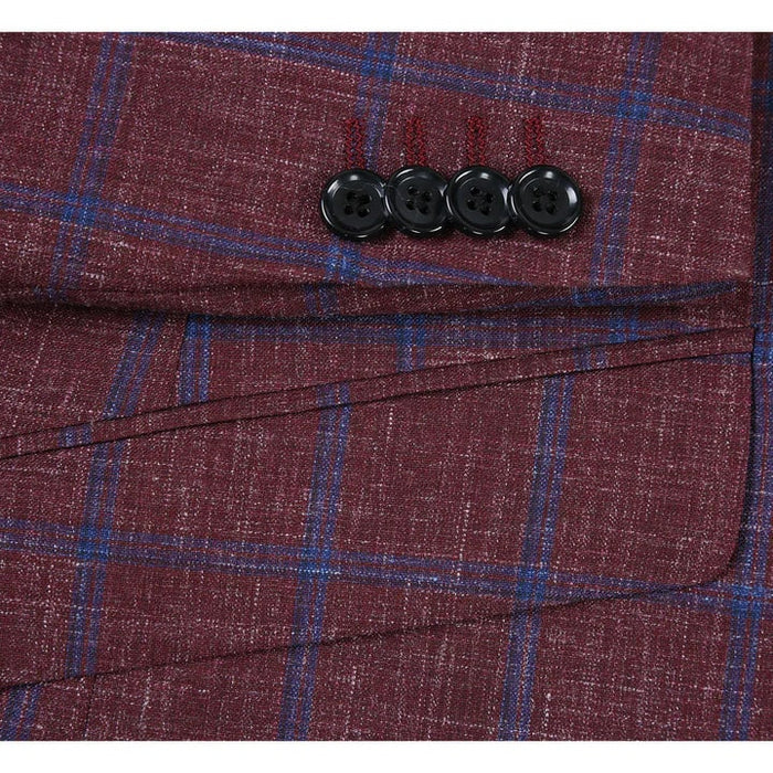 Saco vaquero - Western Sport Coat - Western Blazer- Mens Slim Fit Two Button Wool Sport Coat Blazer In Burgundy & Blue Windowpane Plaid