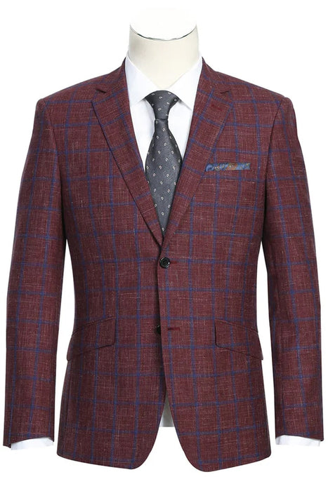 Saco vaquero - Western Sport Coat - Western Blazer- Mens Slim Fit Two Button Wool Sport Coat Blazer In Burgundy & Blue Windowpane Plaid