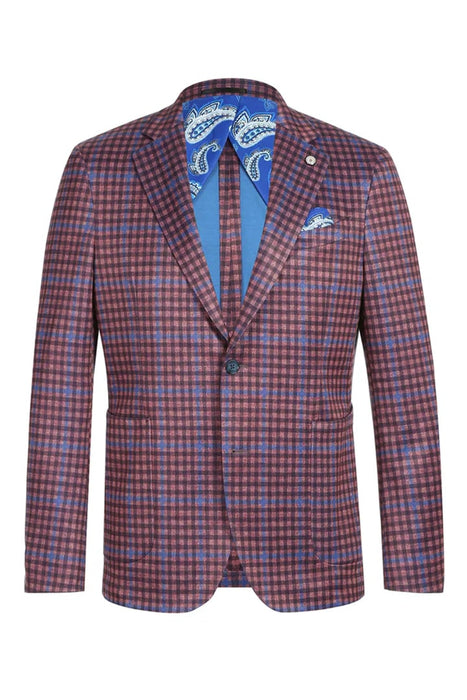 Saco vaquero - Western Sport Coat - Western Blazer - Mens Two Button Slim Fit Unconstructed Summer Cotton Blazer In Burgundy & Blue Windowpane Plaid