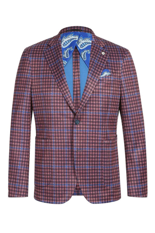 Saco vaquero - Western Sport Coat - Western Blazer - Mens Two Button Slim Fit Unconstructed Summer Cotton Blazer In Burgundy & Blue Windowpane Plaid