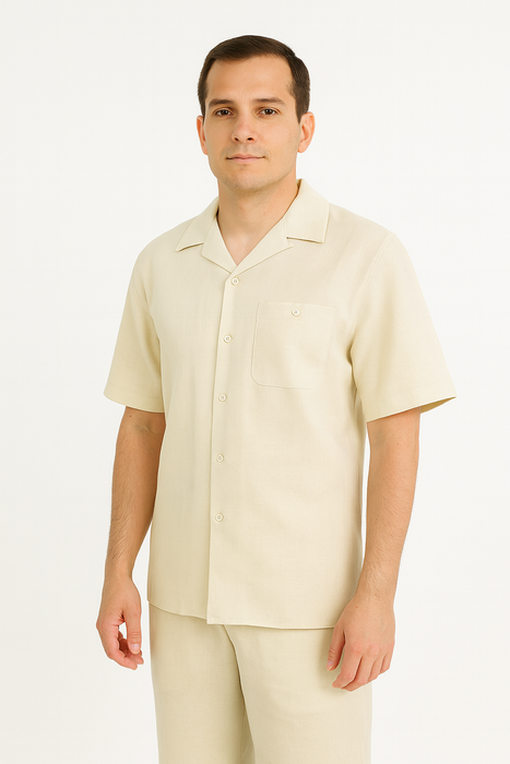 Two Piece Men's Big Size Natural Beige Linen Short Sleeve Casual Casual Two Piece Mens Walking Outfit For Sale Pant Sets Suit