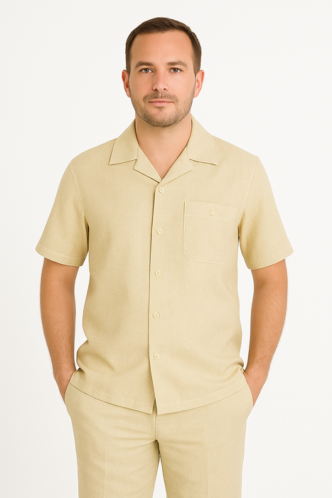 Two Piece Men's Big Size Natural Beige Linen Short Sleeve Casual Casual Two Piece Mens Walking Outfit For Sale Pant Sets Suit