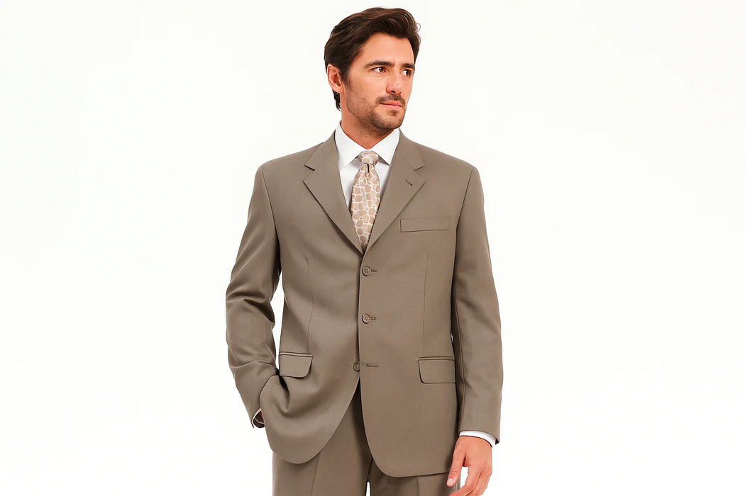 Taup/Tan ~ Beige Super 100'S Business Discounted Cheap Priced Business Suits Clearance Sale Available In 2 Or 3 Buttons Style Regular Classic Cut