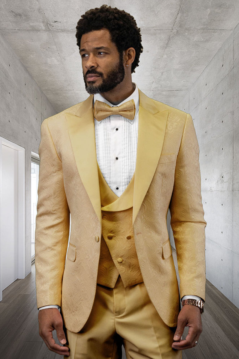 36 Men's Designer Vested Tonal Paisley Wedding & Prom Tuxedo in Gold