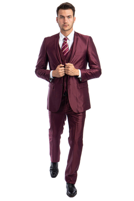 Graduation Suit - Men's Two Button Vested Shiny Sharkskin Wedding & Prom Fashion Suit in Burgundy