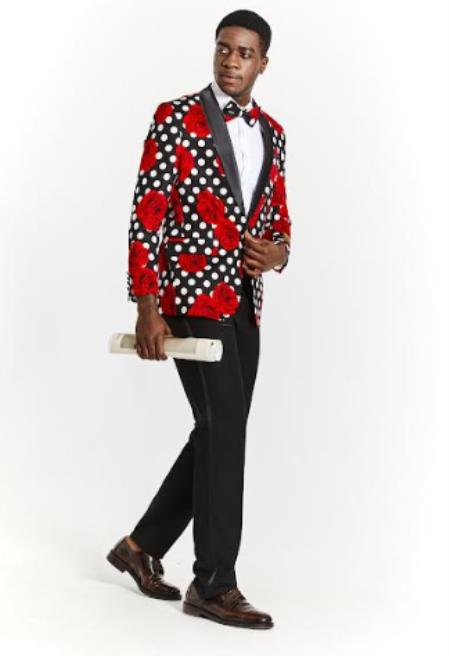 Big And Tall Tuxedo Paisley Tuxedo Sparkling Blazer - Black and Red Floral Sport Coat