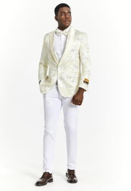 Big And Tall Tuxedo Paisley Tuxedo Sparkling Blazer - Ivory Floral Sport Coat