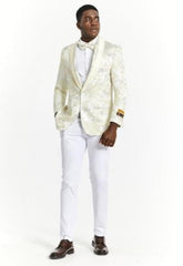 Big And Tall Tuxedo Paisley Tuxedo Sparkling Blazer - Ivory Floral Sport Coat