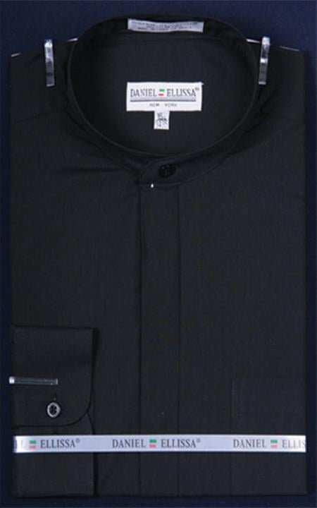 Banded Collar without collars Preacher Round Style Mandarin Collarless Black Men's Dress Shirts