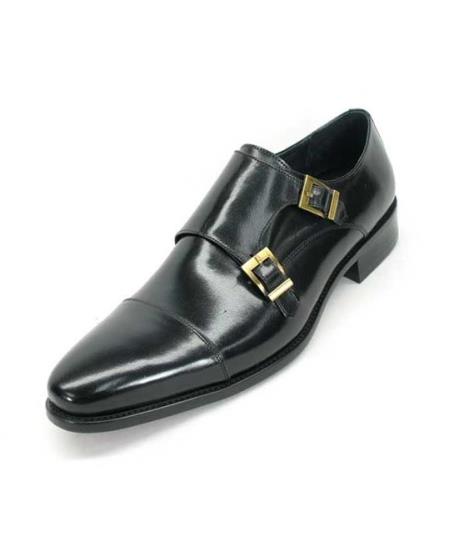 Men's Fashionable Carrucci Calfskin Double Buckles Slip On Style Stylish Dress Loafer Black