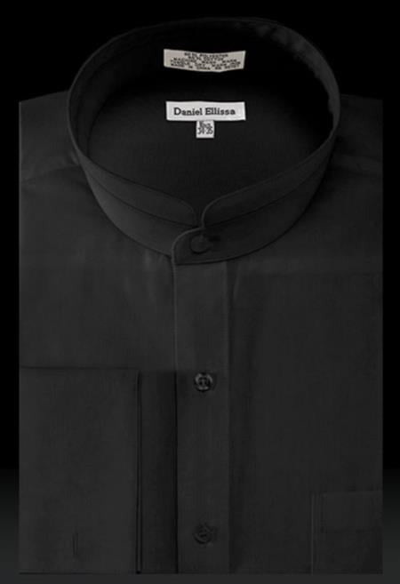 Solid Banded French Cuff Dress Mandarin Collarless Preacher Round Style Black Men Dress Shirt