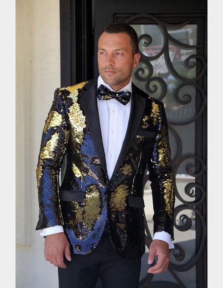 Men'S Fashion Shiny Gold/Black/Sequin Flashy Stage Party Paisley Black Satin Shawl Lapel Sportcoat Blazer