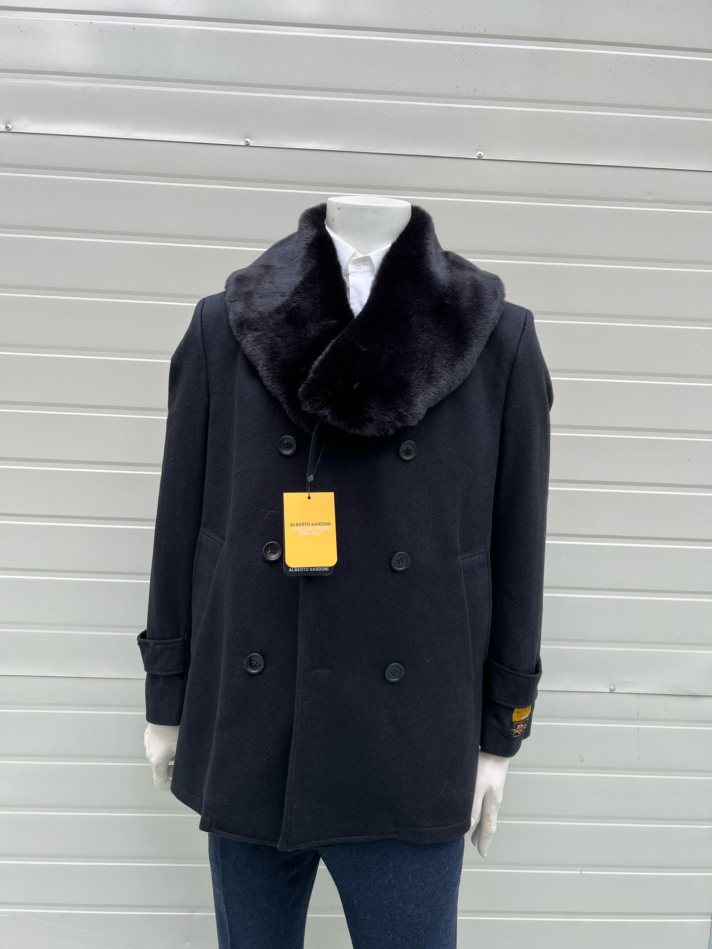 Mens Black Peacoat Wool Overcoat with Faux Fur Shawl Collar – Double-Breasted Winter Peacoat - Image 4