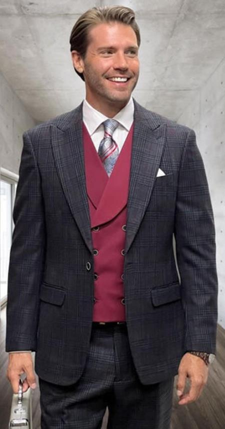 Black Plaid - Vested Suits - Statement Brand - Vested Suits Wool Suits - Suits With Double Breasted Vest - Windowpane Pattern - 100% Percent Wool Fabric Suit - Worsted Wool Business Suit