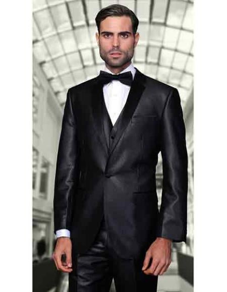 Men's Black Two Toned Vested 2 Buttons Suit With Black Lapel Italian Tuxedo Looking - 100% Percent Wool Fabric Suit - Worsted Wool Business Suit