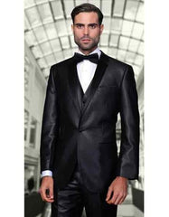 Men's Black Two Toned Vested 2 Buttons Suit With Black Lapel Italian Tuxedo Looking - 100% Percent Wool Fabric Suit - Worsted Wool Business Suit