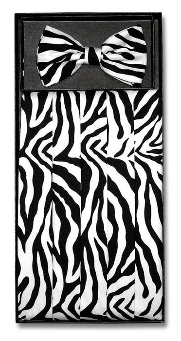 Men's Black/White Zebra Skin Design Polyester Bowtie & Matching Cummerbund