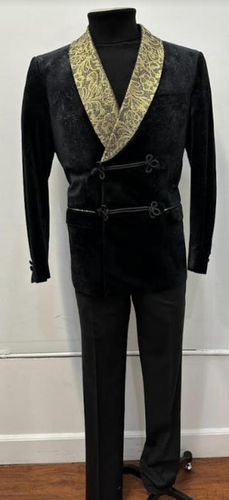 Black and Gold Velvet Smoking Jacket - Mens Black Blazer