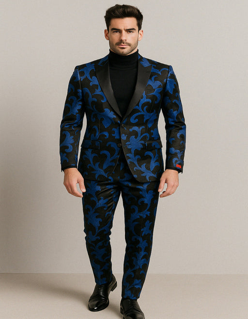 Mens Black and Royal Blue Floral Tuxedo Suit – Slim Fit 2 Piece Velvet Embroidered Outfit for Weddings, Prom, and Formal Events