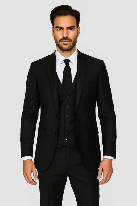 Black Birdseye Pattern Slim Fit Men’s Two Button Vested Suit