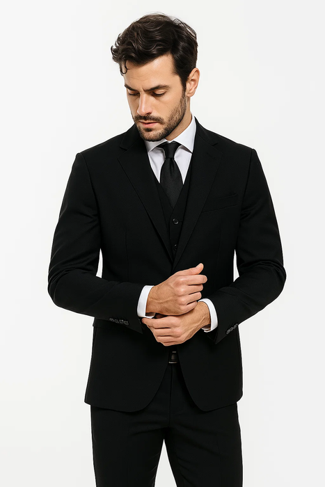 Black Birdseye Pattern Slim Fit Men’s Two Button Vested Suit