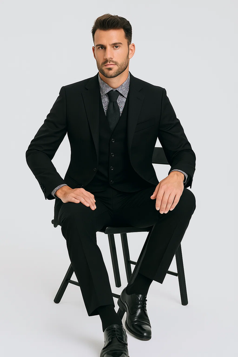 Black Birdseye Pattern Slim Fit Men’s Two Button Vested Suit