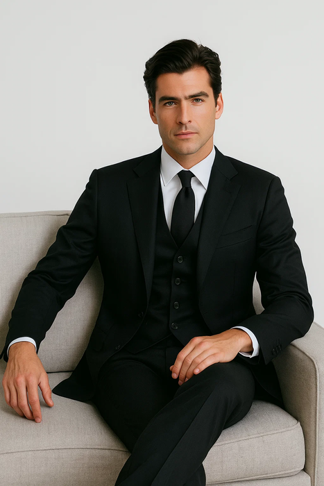 Black Birdseye Pattern Slim Fit Men’s Two Button Vested Suit