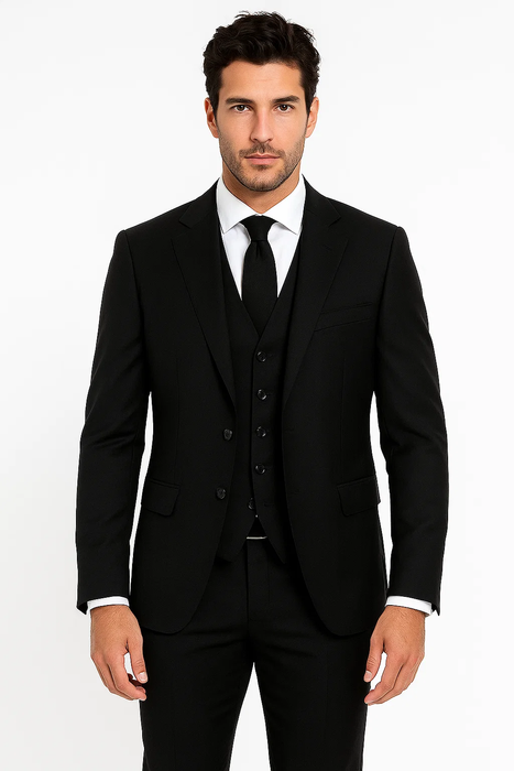 Black Birdseye Pattern Slim Fit Men’s Two Button Vested Suit