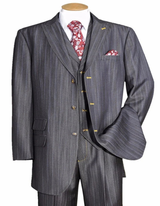 Three Button Suit - Classic Fit Pleated Pants - Mens 3 Button Vested Peak Lapel Denim Black Suit