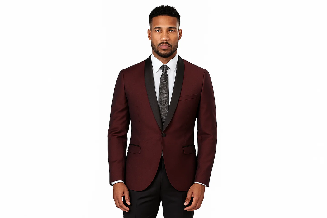 Cheap Priced Blazer Jacket For Men Online Slim Fit 1 Button Burgundy ~ Wine ~ Maroon Color Two Toned Black Lapel Satin Shawl Collar Dinner Jacket Looking! Burgundy Tuxedo