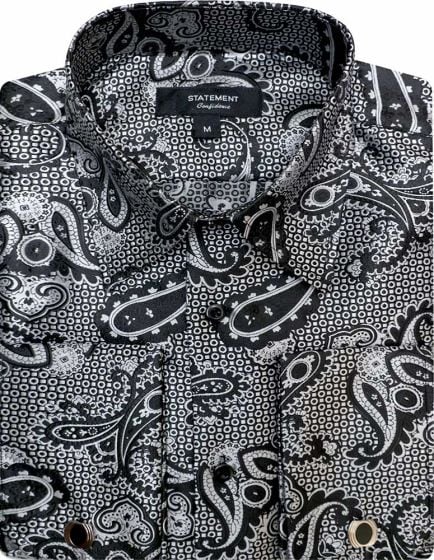 Mens Paisley Shirts - Club Fashion Dress Shirt Spread Collar in Color Black