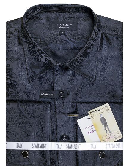 Mens Paisley Shirts - Club Fashion Dress Shirt Spread Collar in Color Black