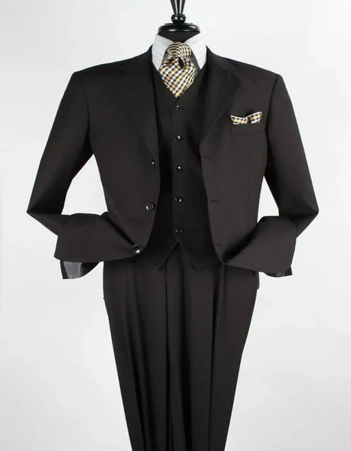 Three Button Suit - Classic Fit Pleated Pants - Mens Classic Fit 3 Button Vested Single Pleated Pant Black Suit