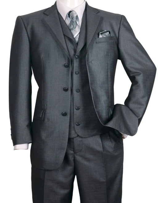 Three Button Suit - Classic Fit Pleated Pants - Mens 3 Button Vested Textured Shiny Sharkskin Black Church Suit