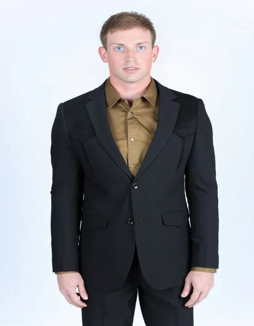 Men's Western Black Suit Sport Coat with Suede Yokes and Elbow Patches - Traje Para Hombre