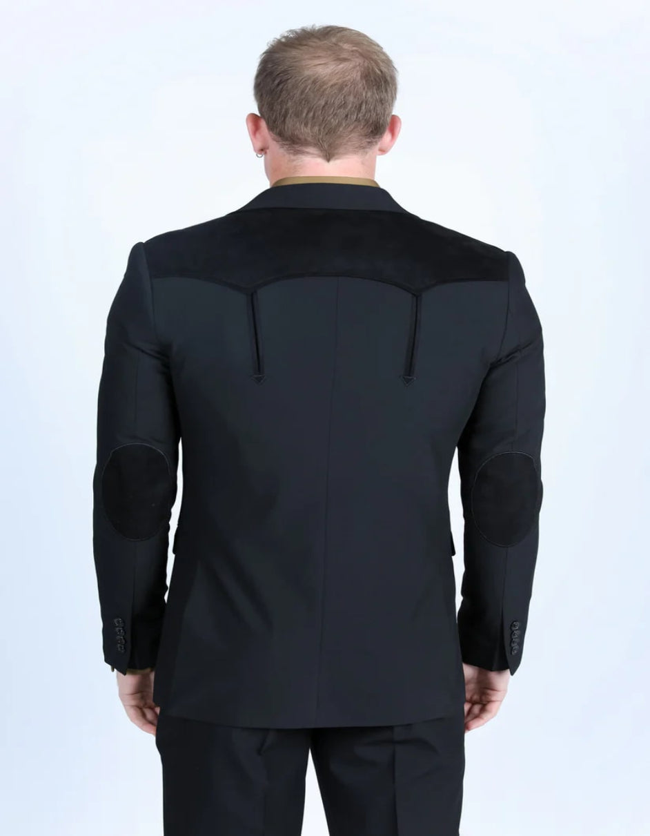 Men's Western Black Suit Sport Coat with Suede Yokes and Elbow Patches - Traje Para Hombre - Image 4