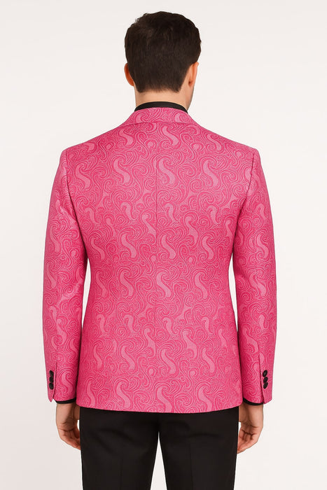 Men’s Hot Pink Tuxedo Suit With Black Pants Paisley Patter with Black Shawl Lapel - Fuchsia Color Prom Suit