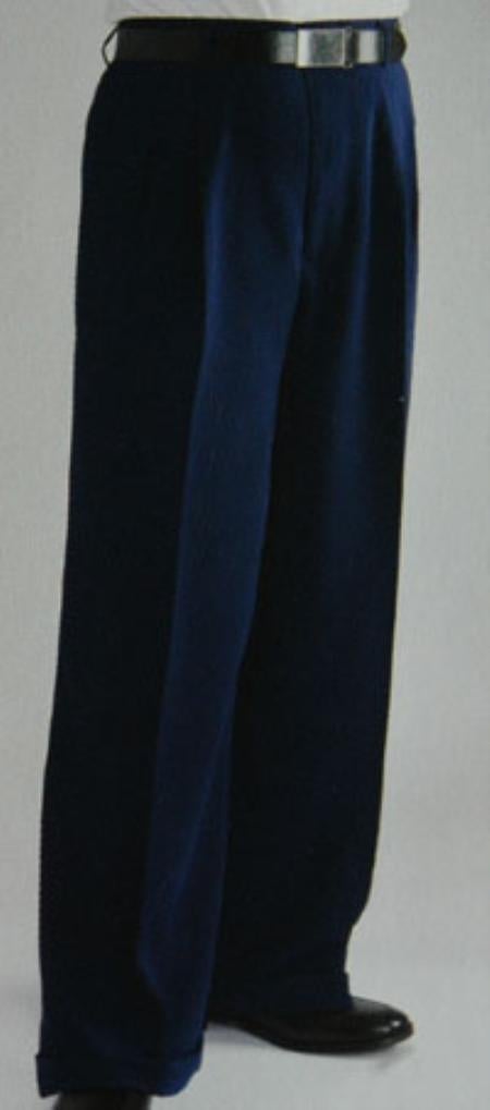 Blue Wide Leg Dress Pants Pleated Baggy Dress Trousers Unhemmed Unfinished Bottom - Cheap Priced Dress Slacks For Men On Sale