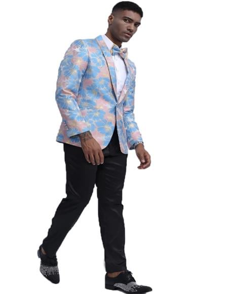 Blue & Pink Slim Fit Tuxedo Dinner Jacket For Men