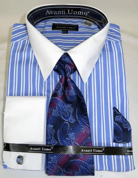Blue Stripe Colorful Men's Dress Shirt - Striped Dress Shirt - Mens Pinstripe Dress Shirt