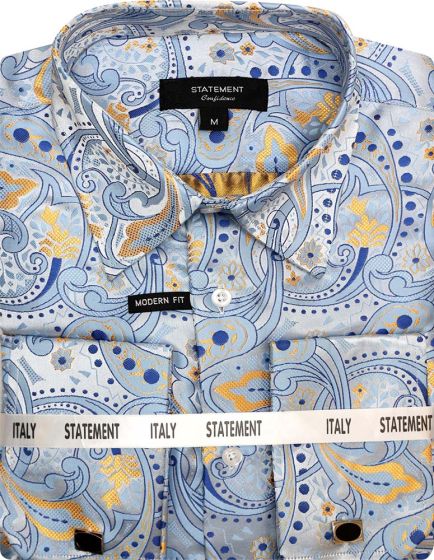 Mens Paisley Shirts - Club Fashion Dress Shirt Spread Collar in Color Blue
