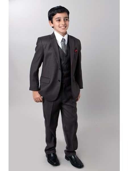 Boy's Dark Slate 5 Piece Kids Sizes Suit Perfect for toddlers Suit wedding attire outfits With Tone On Tone Pinstripe