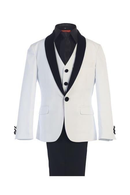 White Boy'S Kids Sizes Classic Fit 1 Button Suede Shawl Suit Perfect For Toddler Suit Wedding Attires Outfits