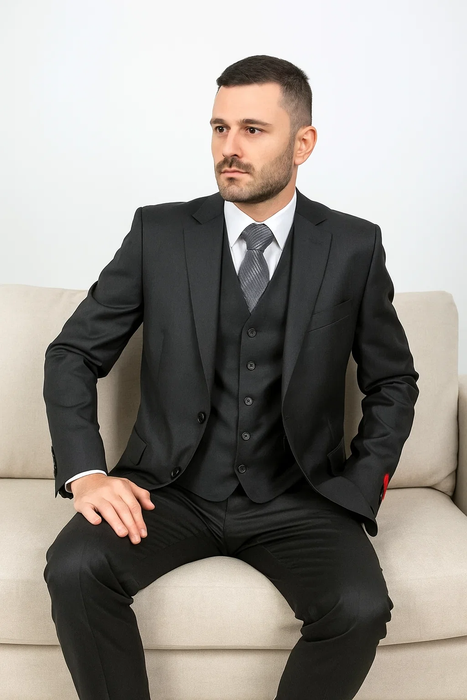Brand Men's Black Vested Suit
