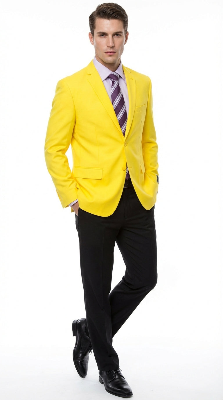 Men’s Bright Yellow Blazer – Classic Two Button Formal Sport Coat for Wedding, Party and Statement Wear Yellow / 56 Regular Jacket+50 Waist Adjust