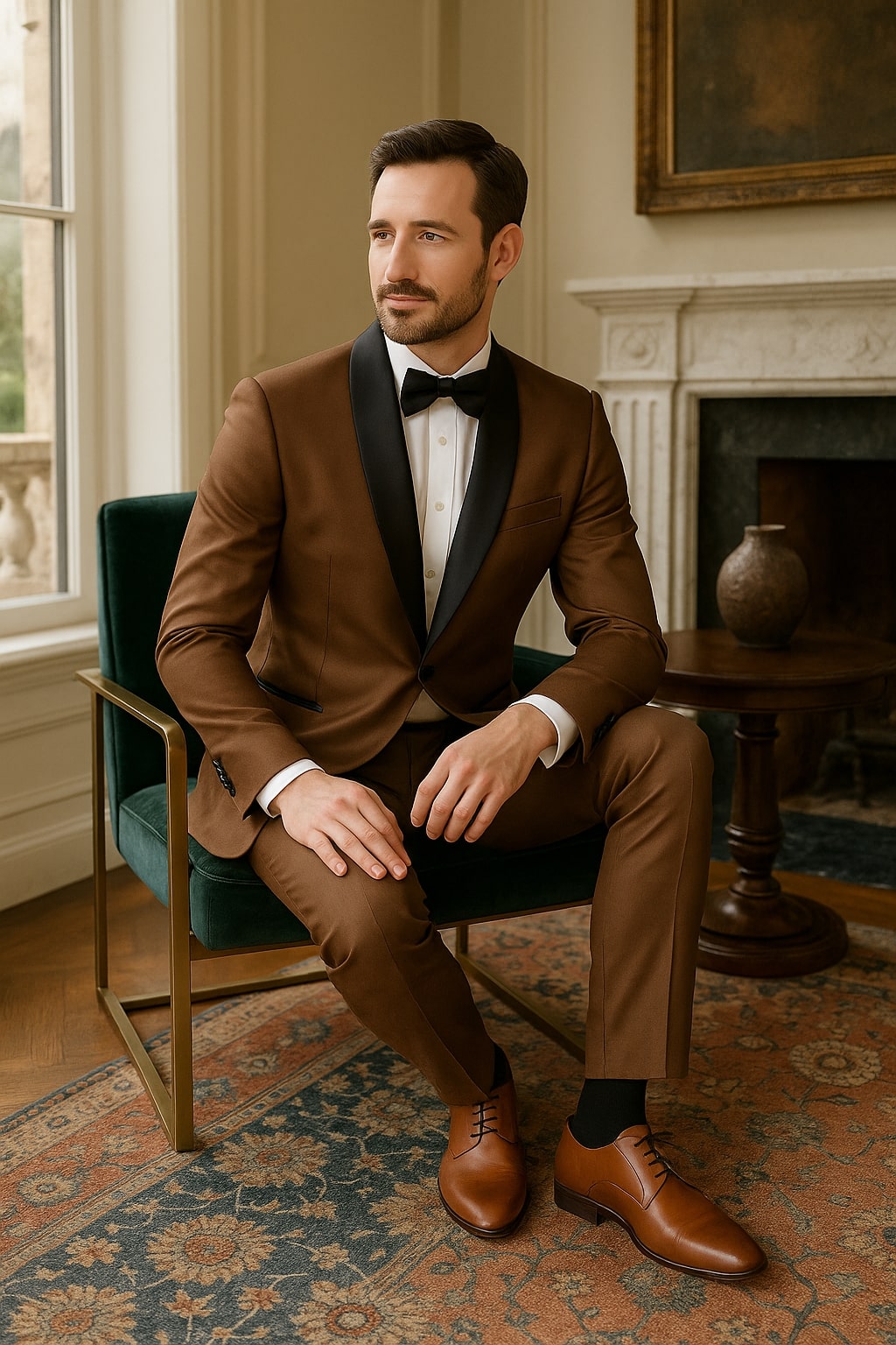 Mens Bronze Satin Shawl Lapel Tuxedo Suit – Light Brown Coffee Color - Image 3