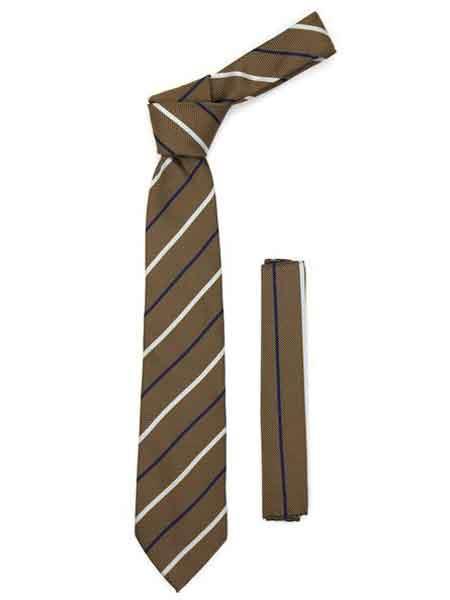 Brown Microfiber Fashionable Baby Blue Striped NeckTie With Hankie Set - Men's Neck Ties - Mens Dress Tie - Trendy Mens Ties