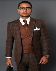 Brown Plaid Suit - Copper - Orange - Rust Color Windowpane Pattern Suits- Wool Suit - Notch Lapel Side Vented Modern Fit