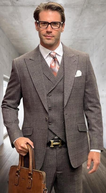 Brown Plaid - Vested Suits - Statement Brand - Vested Suits Wool Suits - Suits With Double Breasted Vest - Windowpane Pattern - 100% Percent Wool Fabric Suit - Worsted Wool Business Suit